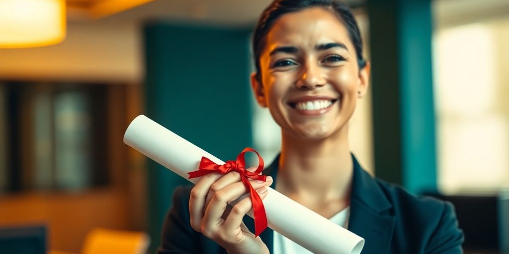 Diplôme et personne souriante