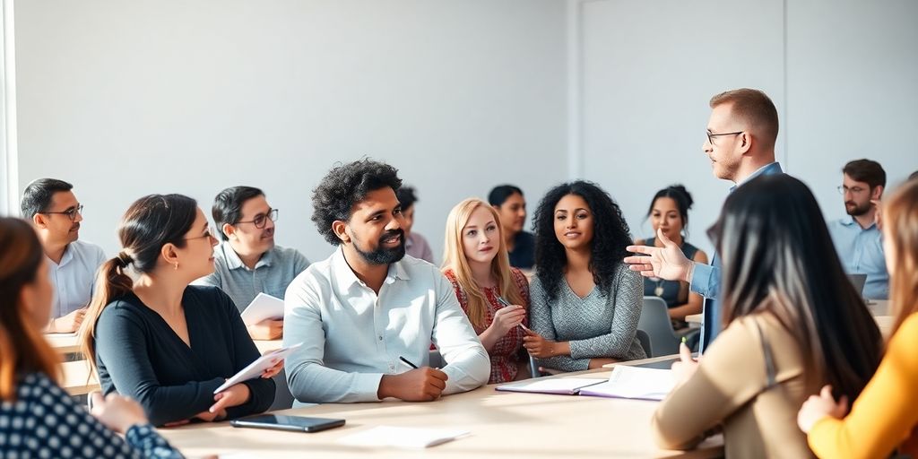 Formateur PNL, groupe en interaction, salle de cours lumineuse.