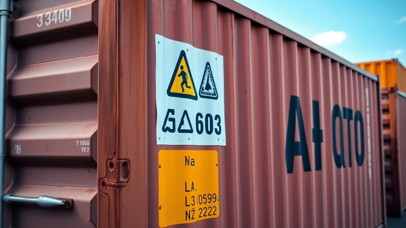 Conteneur maritime avec marquages de danger et numéros d'identification.